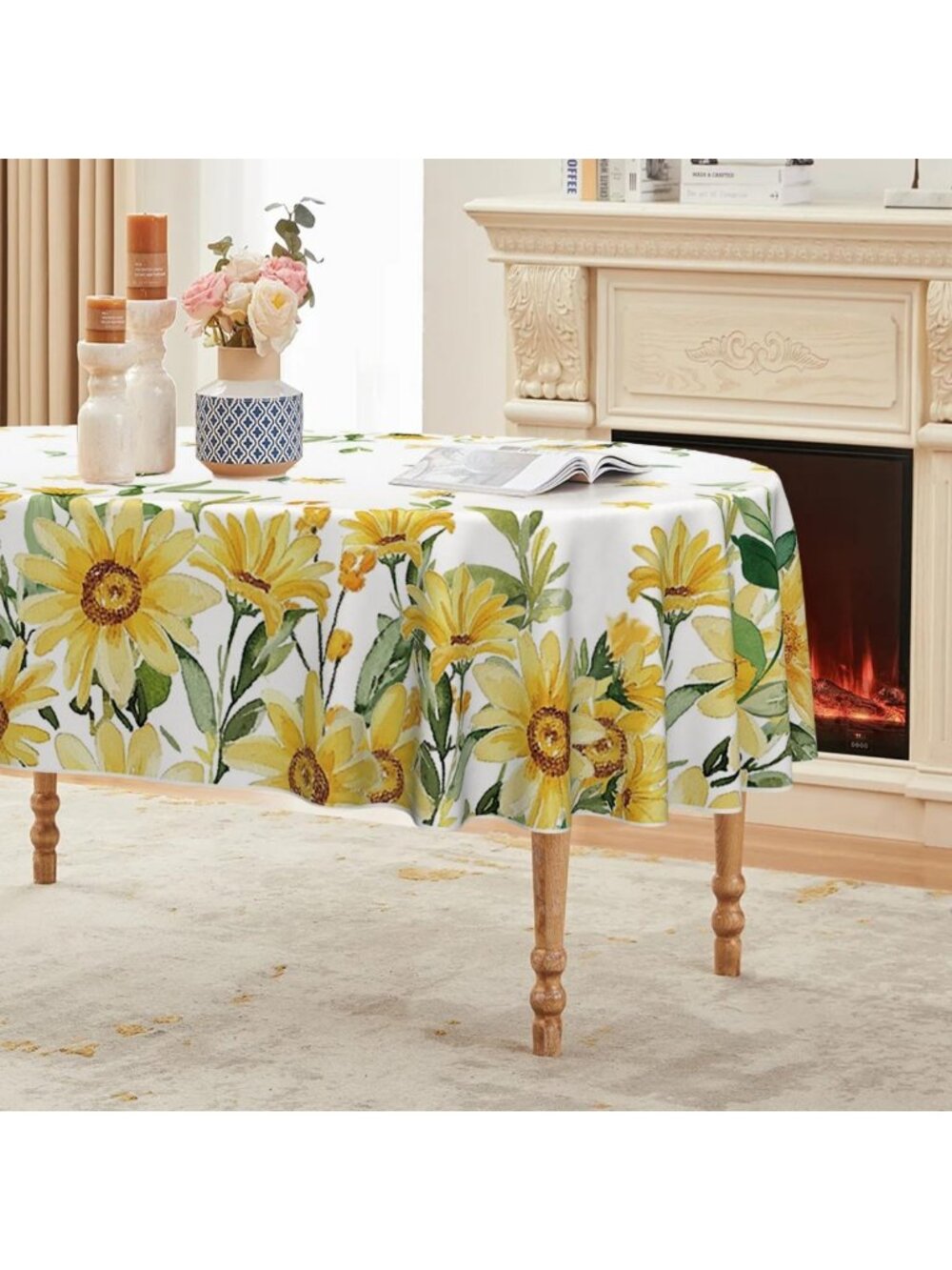 Spring Sunflower Tablecloth 60x84" Oval - Washable Seasonal Decor for Parties